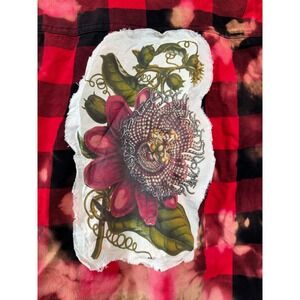 Red Buffalo Plaid Flannel Bleach Dye Passion Flower Patch Upcycled Shirt Small